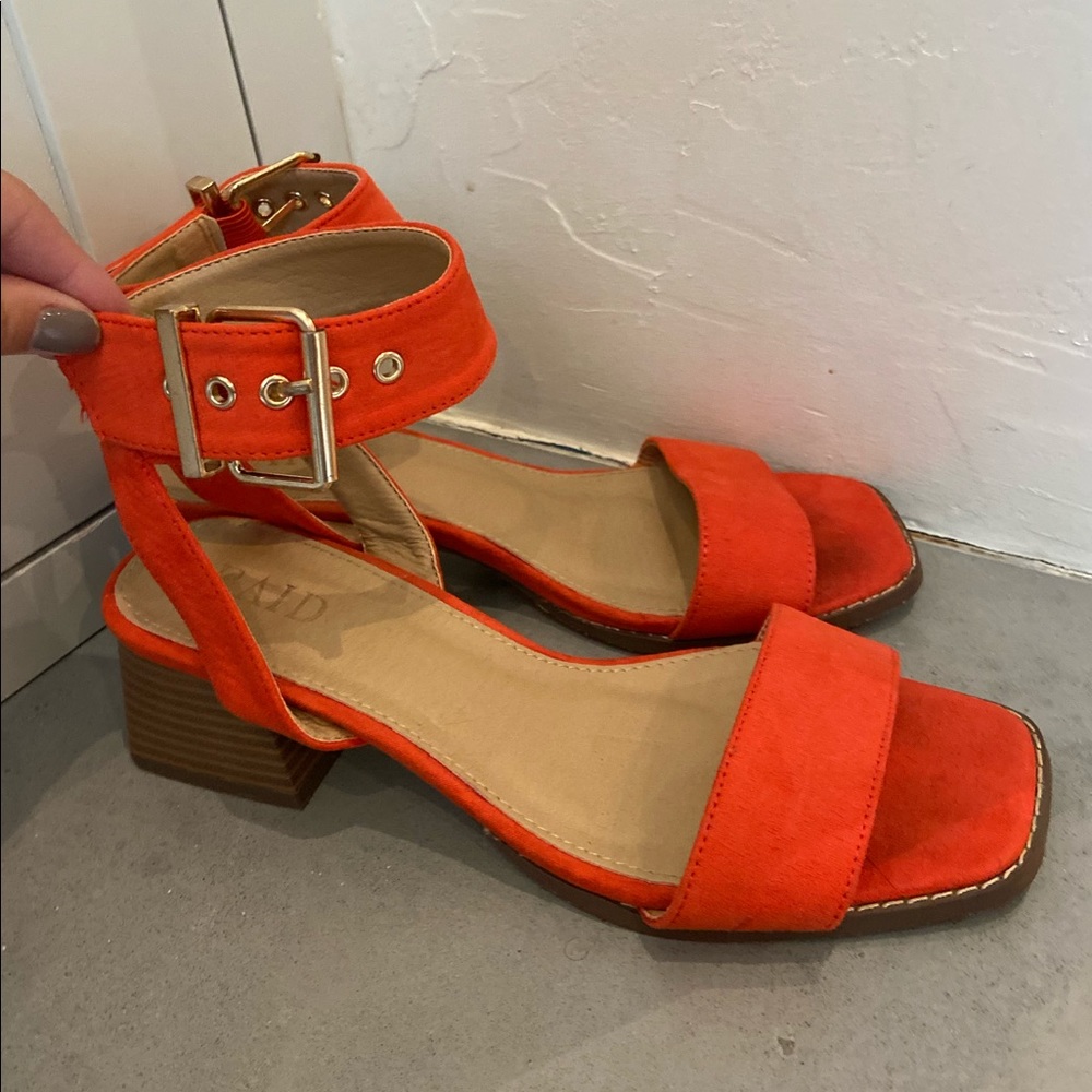ASOS bright orange buckle block heel